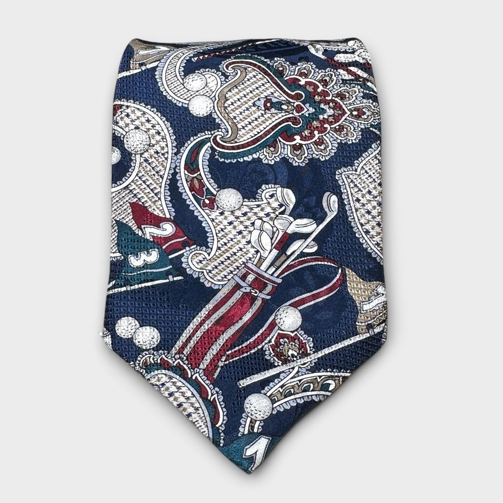 Hunt Club Mens Silk Tie Navy Blue Golf Paisley Clubs Flags Sports Necktie